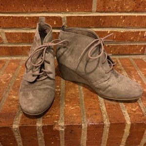 Tan suede wedge booties